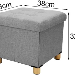 Light grey pouffe stool with storage, dimensions 38cm x 38cm x 32cm.