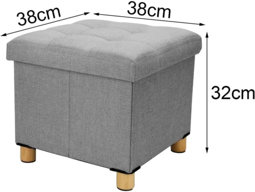 Light grey pouffe stool with storage, dimensions 38cm x 38cm x 32cm.