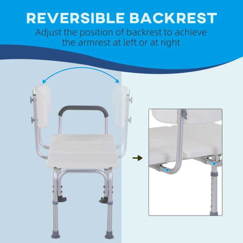 Bath transfer bench with reversible backrest and adjustable legs.