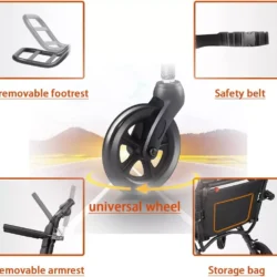 Close-up of wheelchair features including wheel, footrest, armrest, and storage bag.