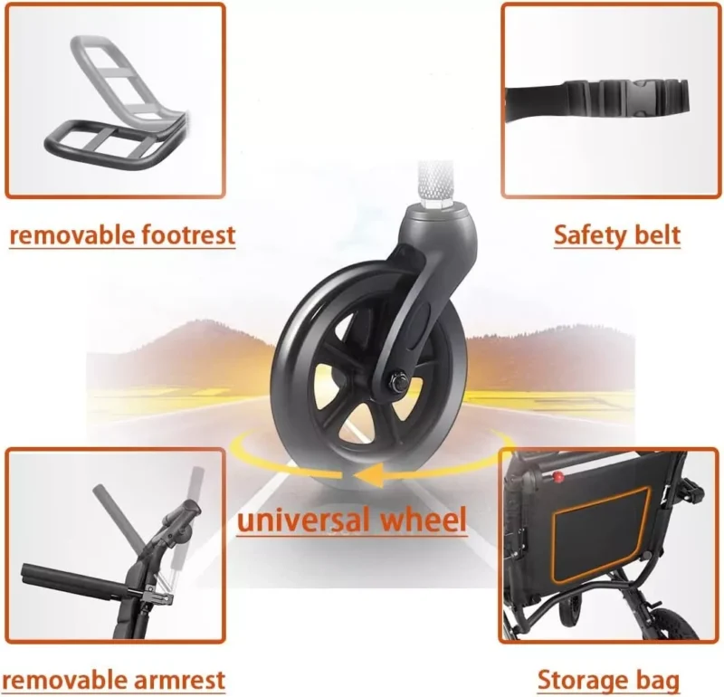 Close-up of wheelchair features including wheel, footrest, armrest, and storage bag.