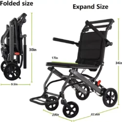 Folded and expanded views of a lightweight travel wheelchair with dimensions.