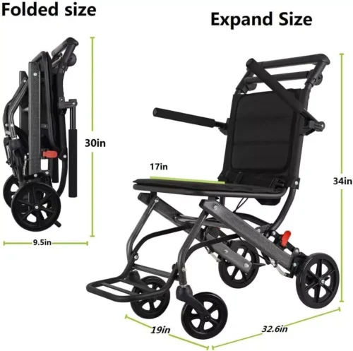 Folded and expanded views of a lightweight travel wheelchair with dimensions.
