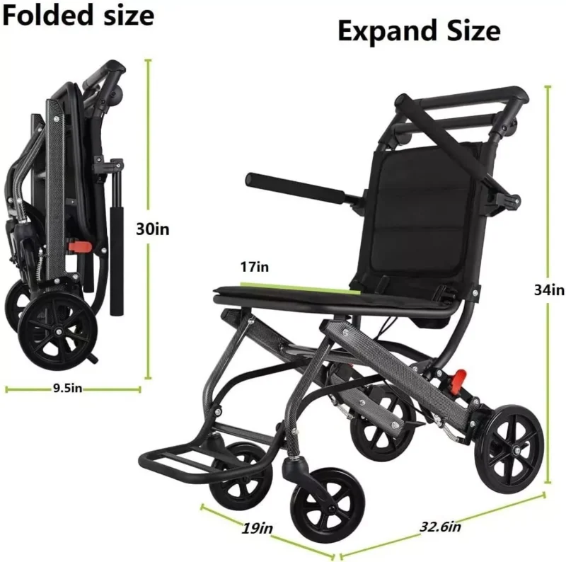 Folded and expanded views of a lightweight travel wheelchair with dimensions.