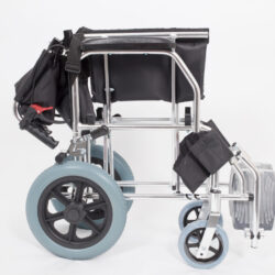 Side view of a folded lightweight travel wheelchair with blue wheels.