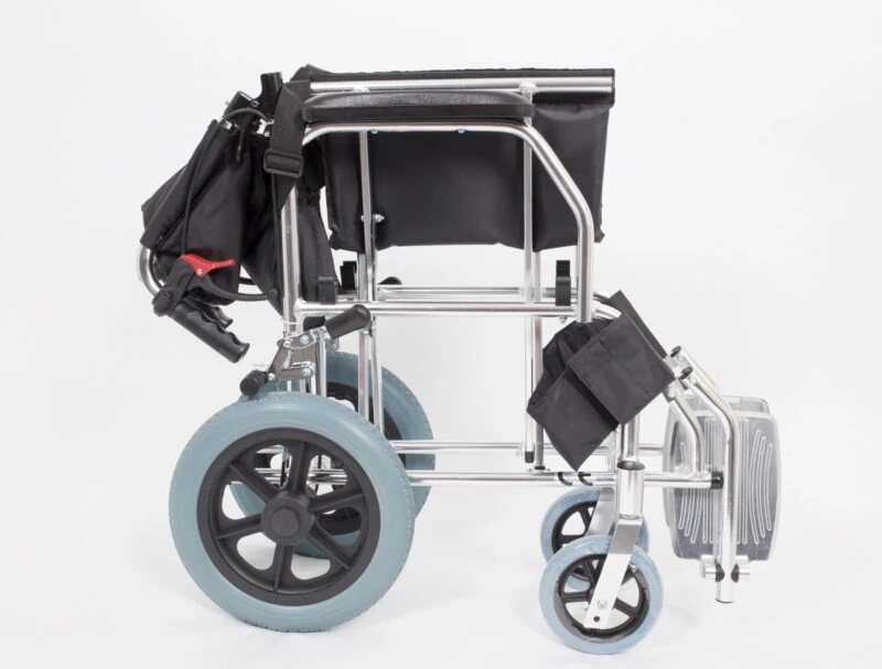 Side view of a folded lightweight travel wheelchair with blue wheels.