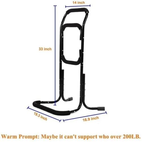 Standing aid with dimensions labeled: 33 inches tall, 14 inches wide, base 19.3 by 16.9 inches.
