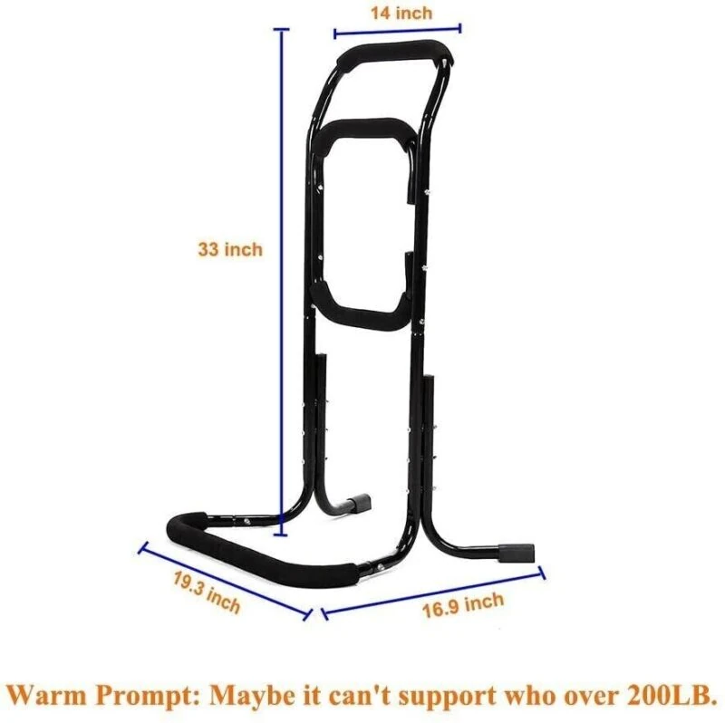 Standing aid with dimensions labeled: 33 inches tall, 14 inches wide, base 19.3 by 16.9 inches.