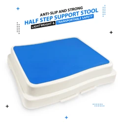 White bath step with blue textured top surface.