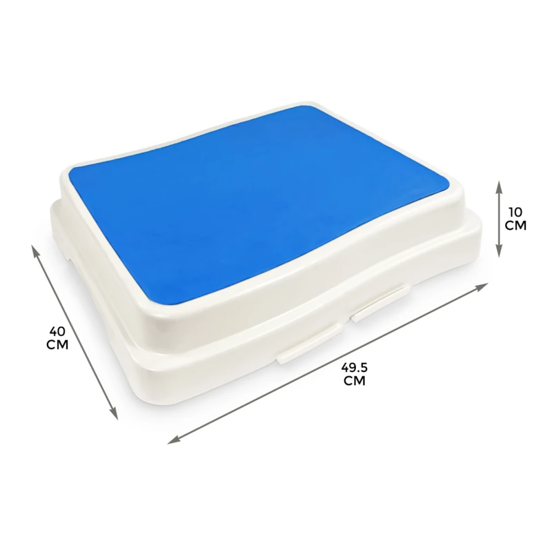 Stackable bath step with blue non-slip surface and dimensions.
