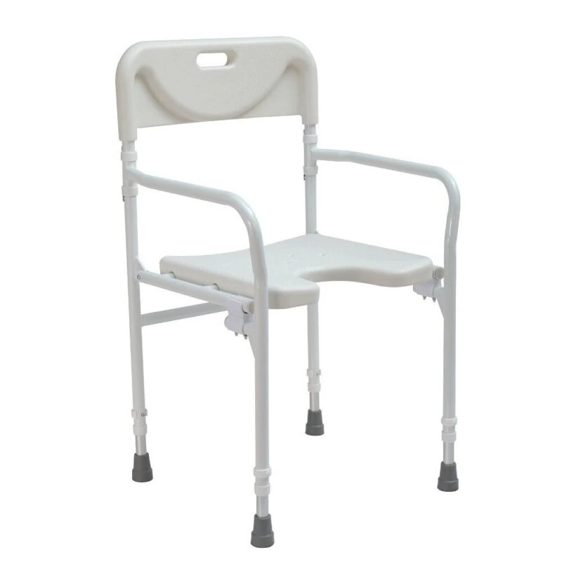 White folding shower chair with backrest and armrests.