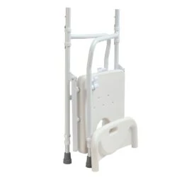 Folded shower chair with arms and textured seat.