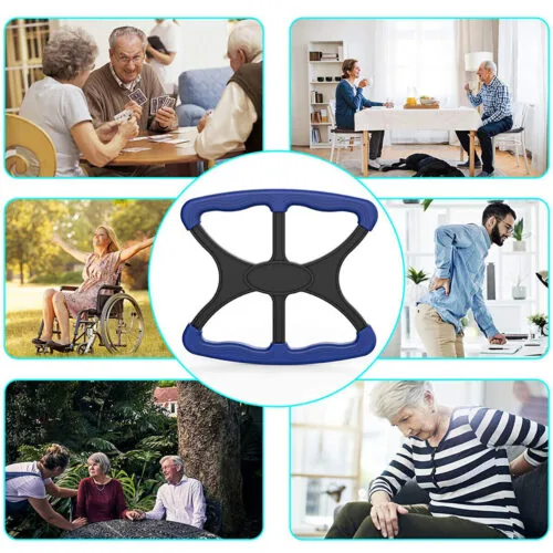 Collage of people using a standing aid in various settings.