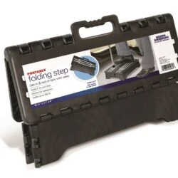 Packaging of a portable folding step with handle.