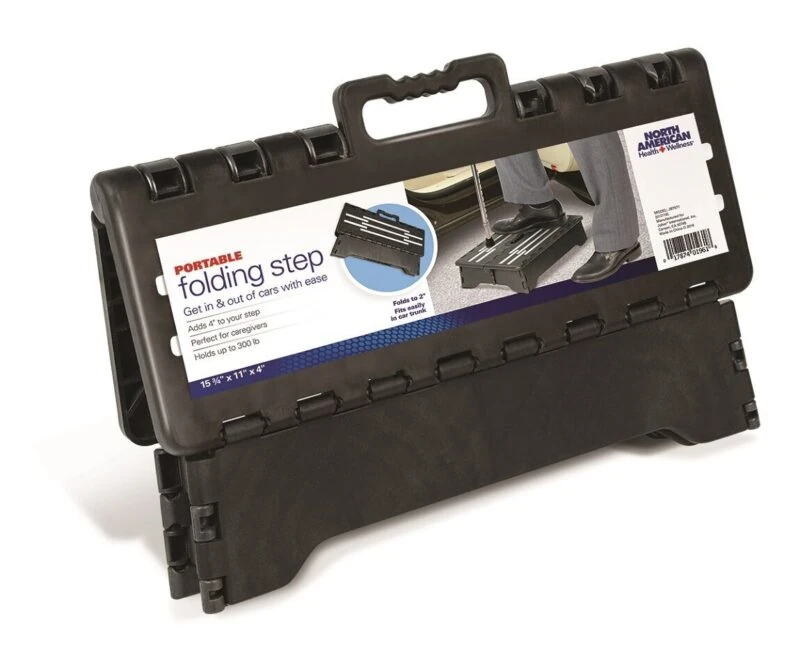Packaging of a portable folding step with handle.