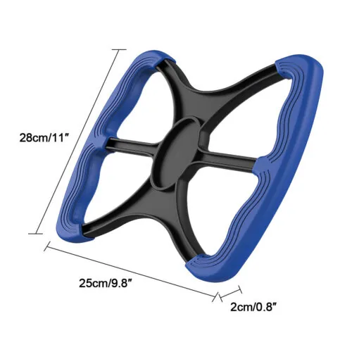 Manual stand aid with blue handles and dimensions labeled.