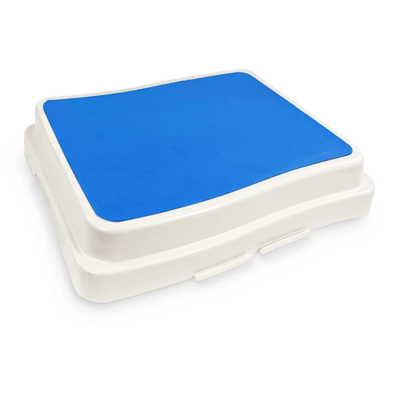 Blue and white bath step with textured surface.