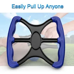 Manual stand aid with blue handles and black frame.