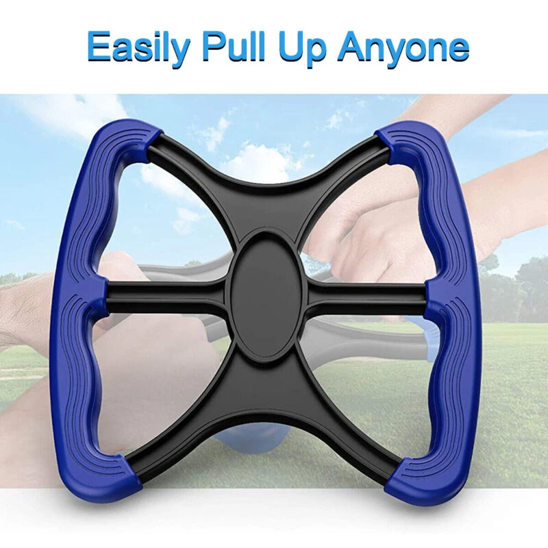 Manual stand aid with blue handles and black frame.