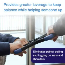 Two people using a standing aid handrail with blue grips.