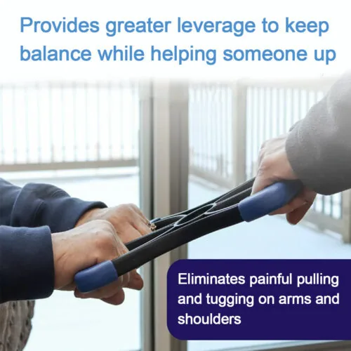 Two people using a standing aid handrail with blue grips.