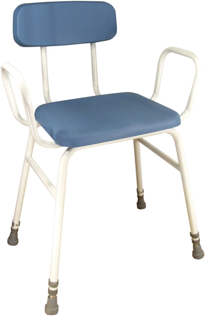 Blue padded perching stool with arms and adjustable legs.