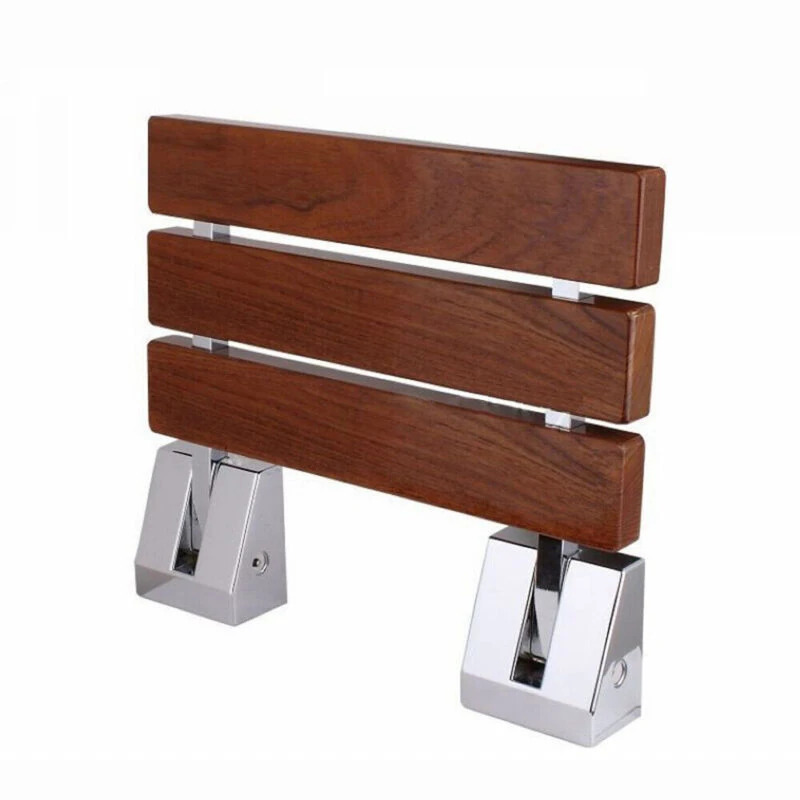 Teak wall-mounted folding shower seat with chrome brackets.