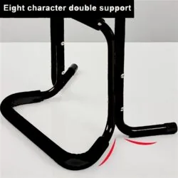 Black metal frame of a mobility standing aid with text 'Eight character double support'.