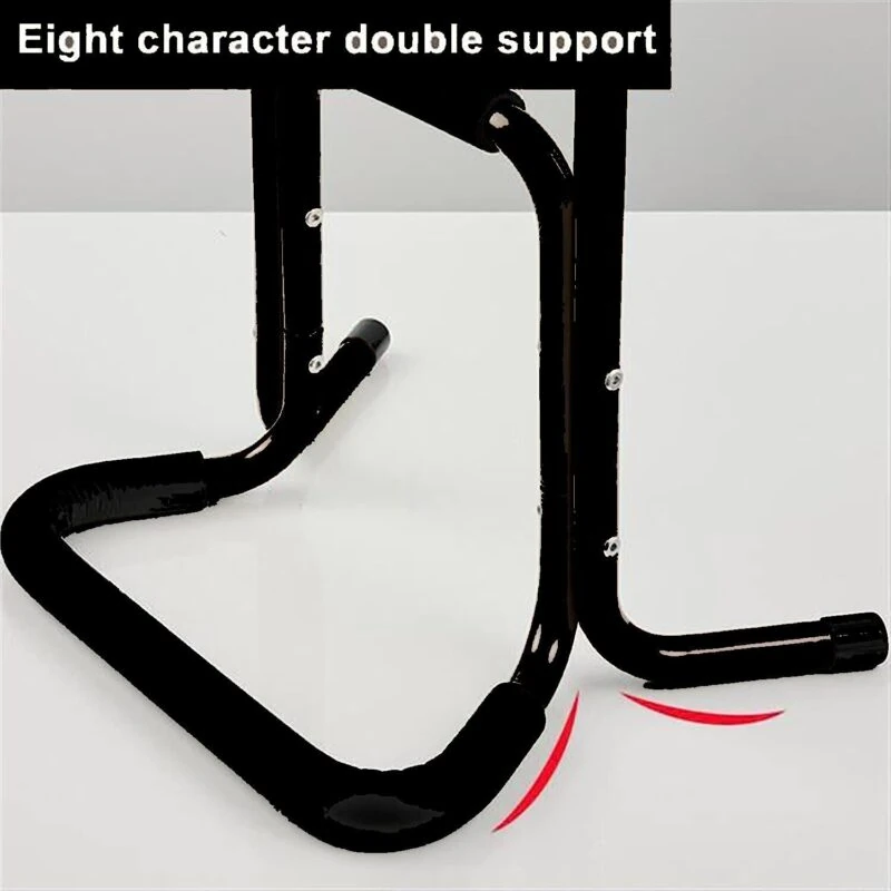 Black metal frame of a mobility standing aid with text 'Eight character double support'.