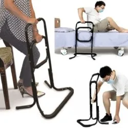 Mobility standing aid assisting individuals with sitting and standing from a chair and bed.
