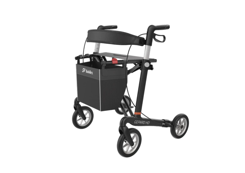 Gepard HD rollator with a black basket and carbon fiber frame.