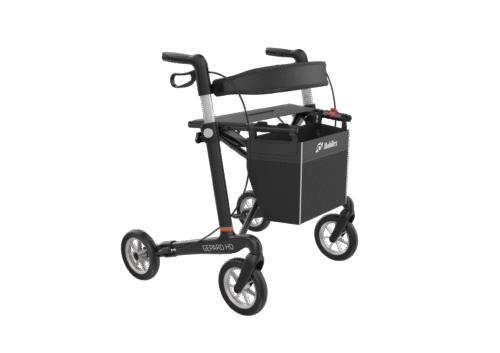 Gepard HD rollator with a basket attached, featuring carbon fiber frame.