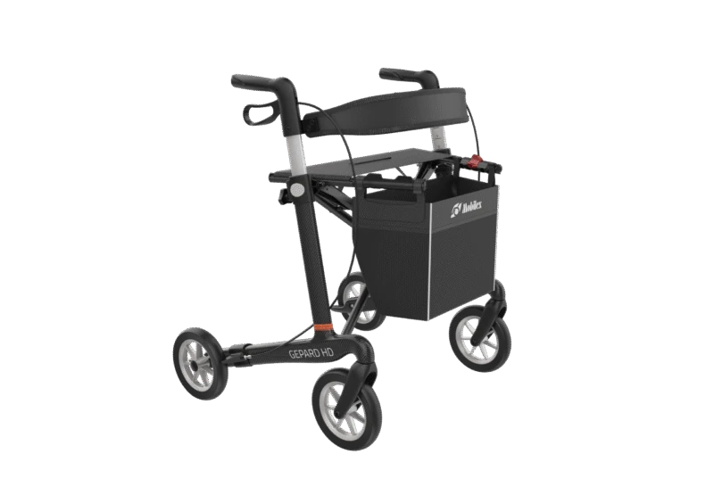 Gepard HD rollator with a basket attached, featuring carbon fiber frame.