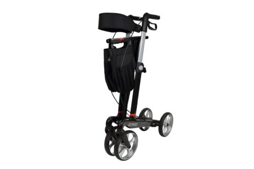 Gepard rollator made of carbon fiber with four wheels and a black storage bag.