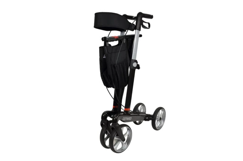 Gepard rollator made of carbon fiber with four wheels and a black storage bag.