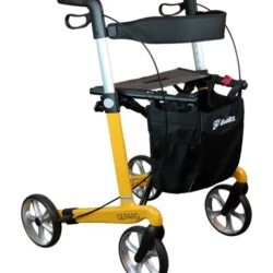 Yellow Gepard rollator with black basket and four wheels.