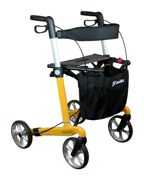 Yellow Gepard rollator with black basket and four wheels.