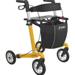 Yellow Gepard rollator with a black basket and four wheels.