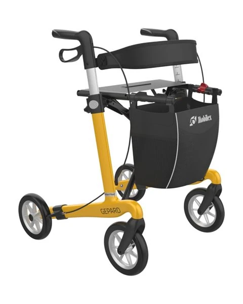 Yellow Gepard rollator with a black basket and four wheels.