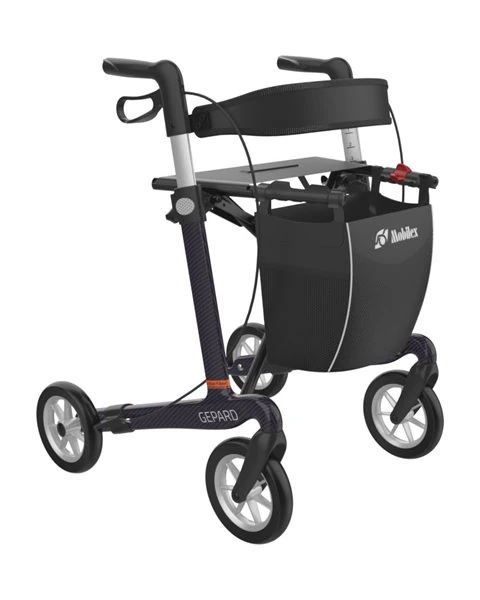 Gepard rollator in carbon fiber with a black basket and four wheels.