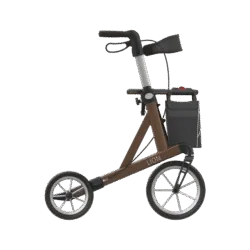 Side view of the Mobilex Lion rollator with large wheels and a shopping bag.