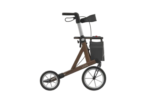Side view of the Mobilex Lion rollator with large wheels and a shopping bag.