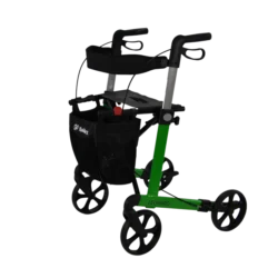 Green rollator walker with adjustable handles and a storage bag.