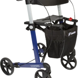 Blue rollator with padded back strap and shopping bag.