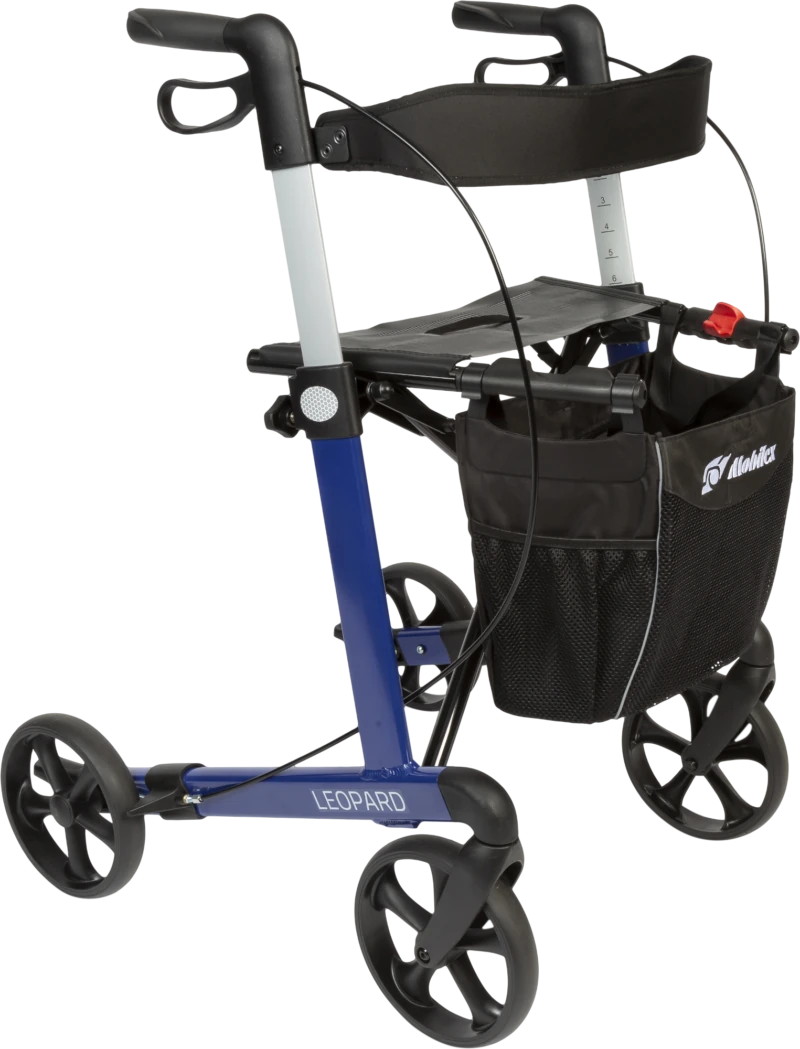 Blue rollator with padded back strap and shopping bag.