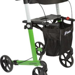 Green rollator walker with black seat and bag.