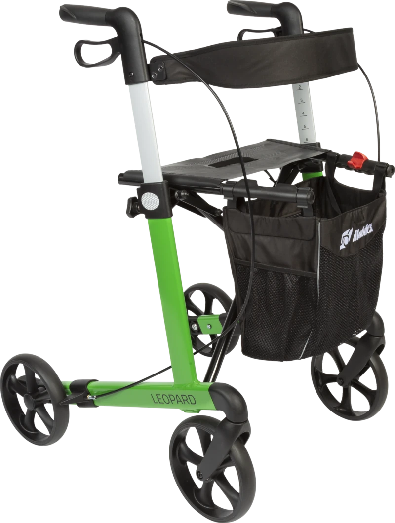Green rollator walker with black seat and bag.