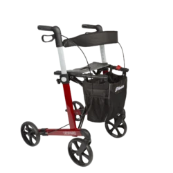Red Mobilex Leopard rollator with black seat and bag.