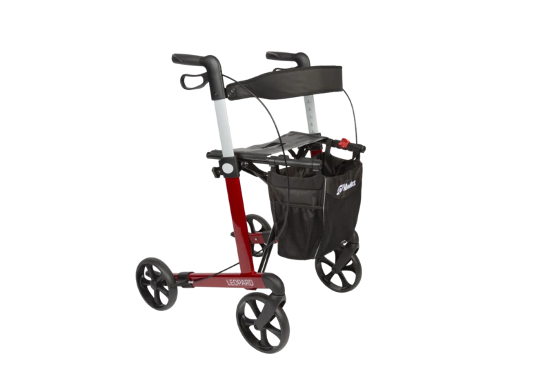 Red Mobilex Leopard rollator with black seat and bag.