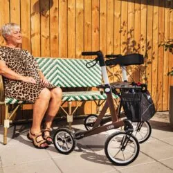 Mobilex Lion rollator next to a seated person outdoors.